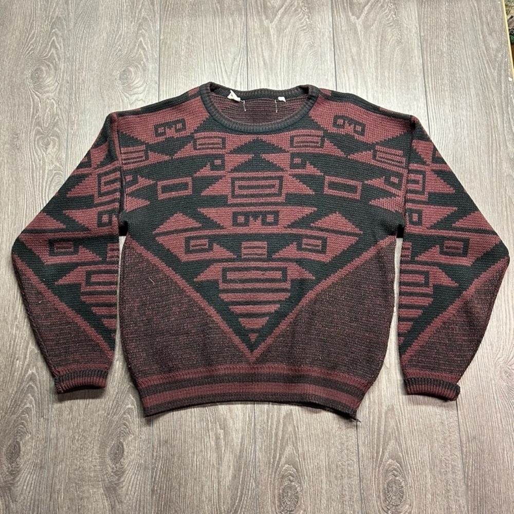 Vintage Southwestern Geometric Knit Sweater Burgundy Black Mens Large Retro 90s